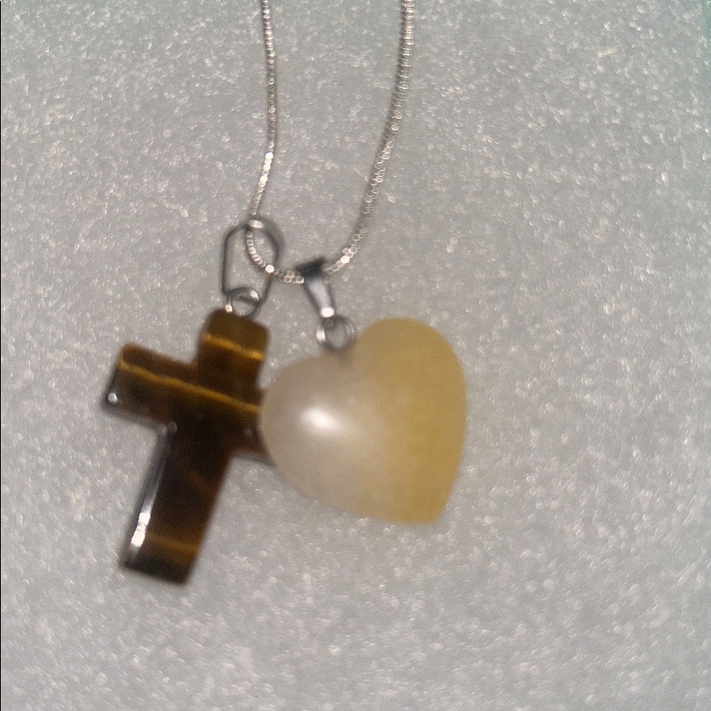 Boho Hippie Tigers Eye Cross and Aventurine Heart Sterling Silver Necklace 18”